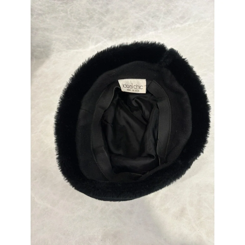 Ideal‎ Chic Vintage Black Faux Fur Trim Bucket Hat Cloche Winter Made in USA